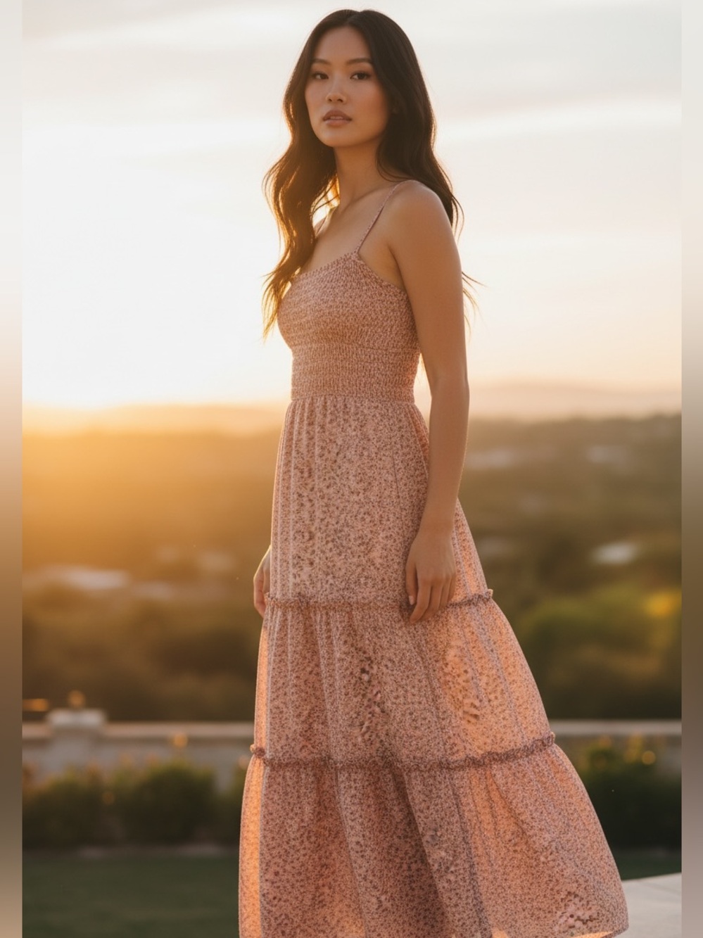Urban Outfitters Pink Floral Smocked Tiered Midi Dress Size M